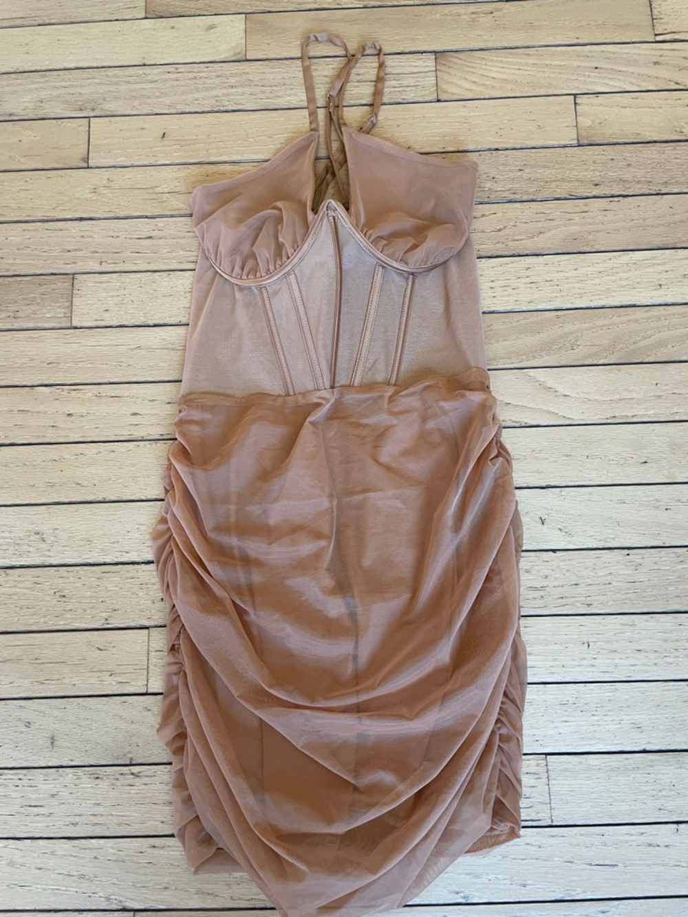 Oh Polly Ruched Sheer Midi Dress in Dusty Rose